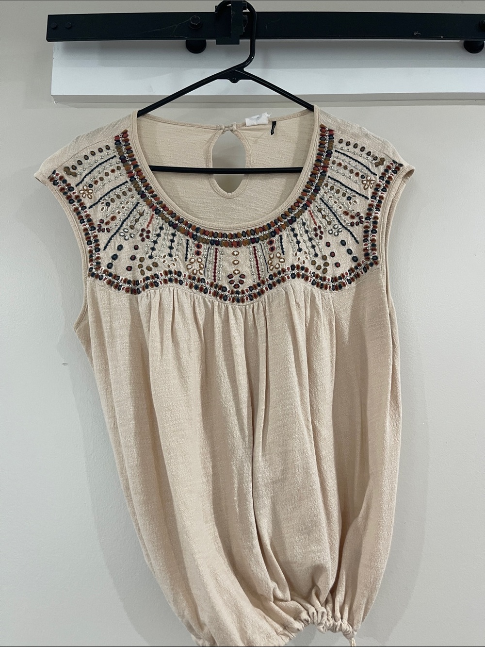 Embellished Cream Sleeveless Tank Top